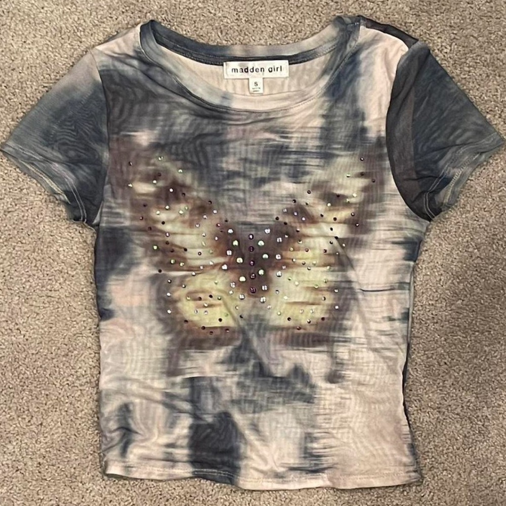 madden girl two layer mesh cropped fitted tee, butterfly and rhinestones design